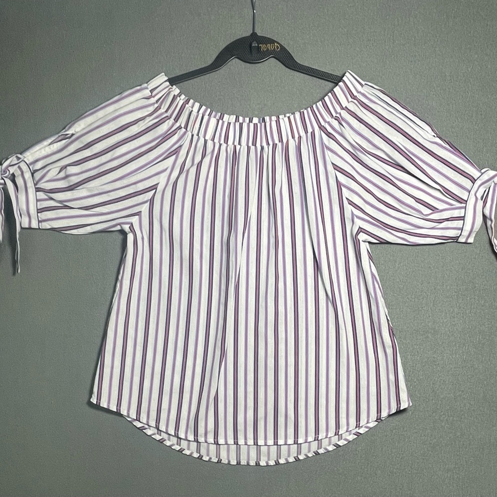 Striped Off Shoulder Peasant Top Tie Sleeve Boho Cotton Blouse XS